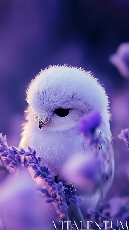 Soft white owl among purple flowers in gentle light.