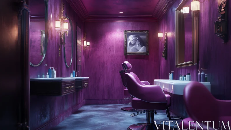 Luxurious magenta salon interior with cinematic mirror lighting.