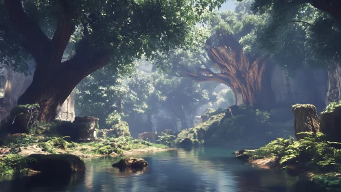 Ancient Forest Canyon with Misty Light and Streaming Water.