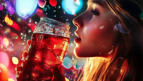 Neon-lit young woman with iced drink in dynamic close-up