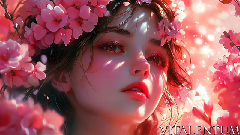 Dreamy springtime girl surrounded by glowing pink blossoms.
