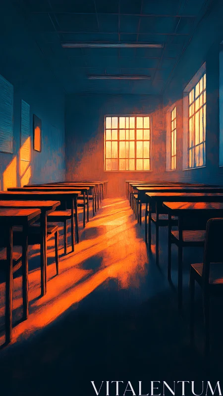 Empty classroom with warm sunset light and long shadows.