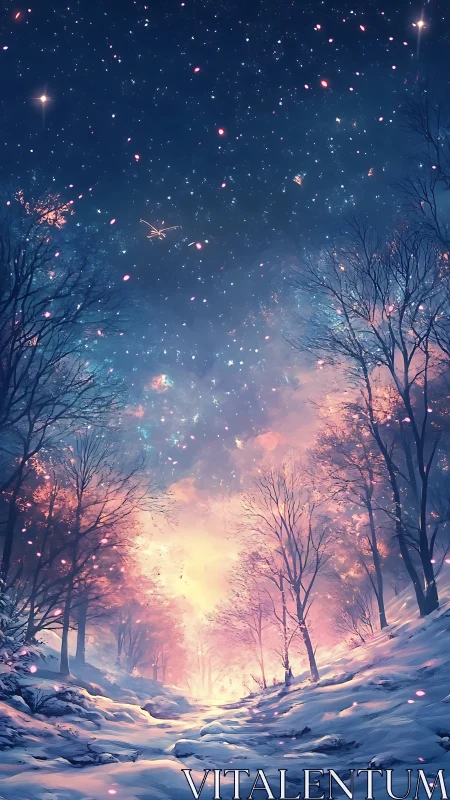 Enchanted winter forest glows beneath a starlit sky