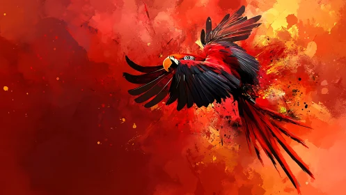 Scarlet parrot in mid-flight against abstract red backdrop.