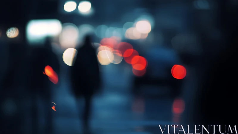 Defocused urban street scene with silhouettes and traffic.