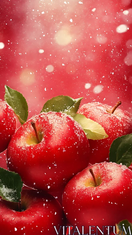 Macro close-up of red apples with snow-like sugar on red bokeh