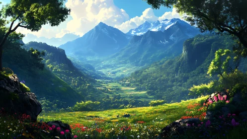 Sunlit valley opens below snowcapped mountain range