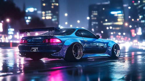 Widebody tuner coupe illuminates neon-soaked rainy city street