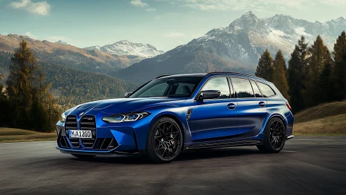 Blue performance wagon is parked on mountain roadway