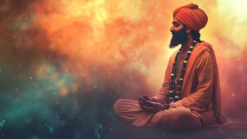Meditating yogi sits in cosmic orange and teal nebula glow