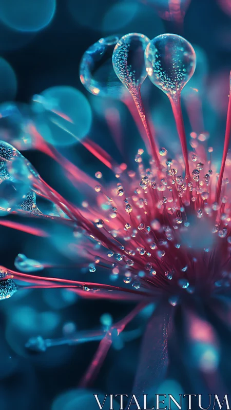 Macro view of dewdrops on radial flower stamens in blue tones.