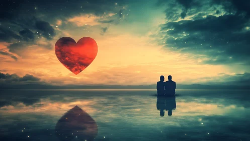Silhouetted figures with large red heart symbol at sunset.