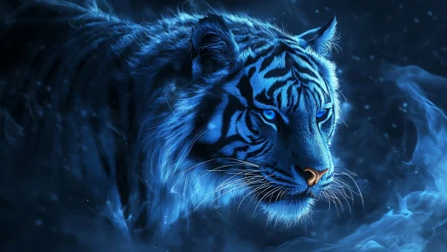Blue neon tiger portrait in swirling glowing smoke.