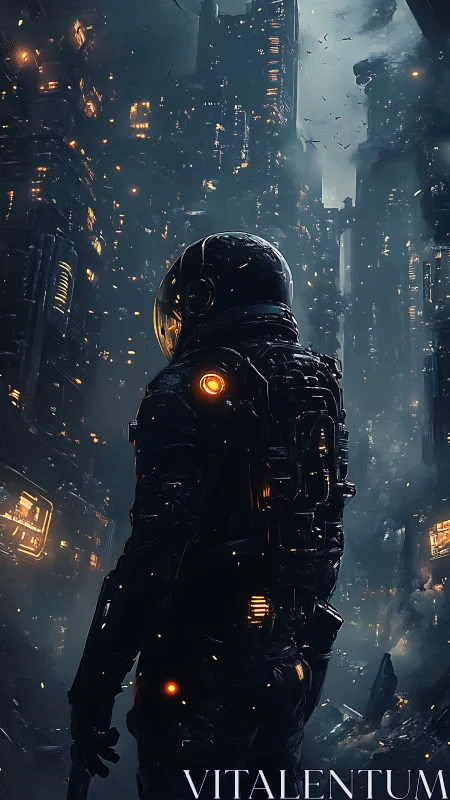 Solitary astronaut surveys burning cyberpunk megacity ruin