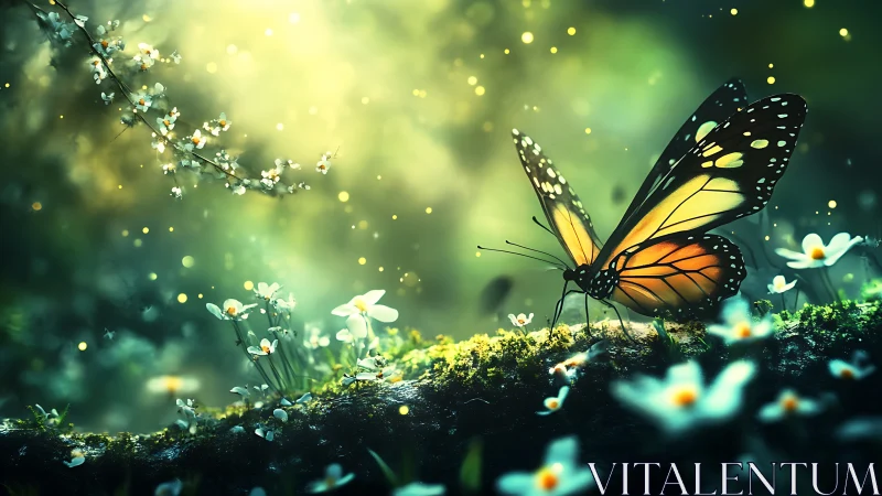 Gentle monarch butterfly resting in a dreamy spring glade.