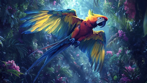 Luminous Macaw in Tropical Canopy, Digital Painting Composition.
