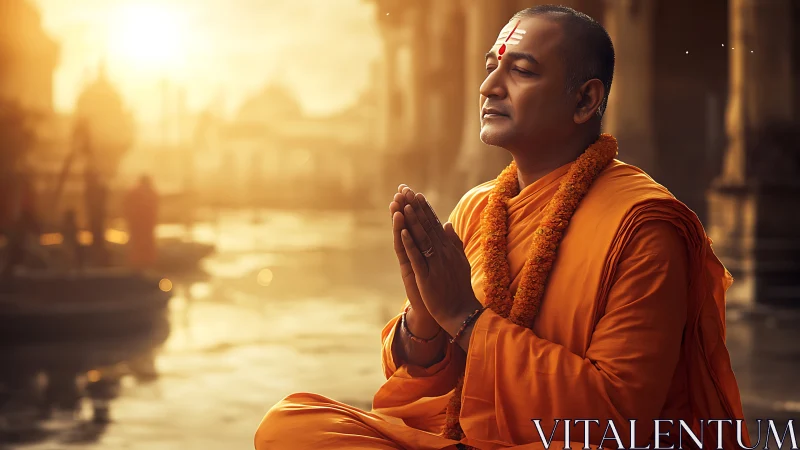 Serene monk meditates by sacred river at golden sunrise