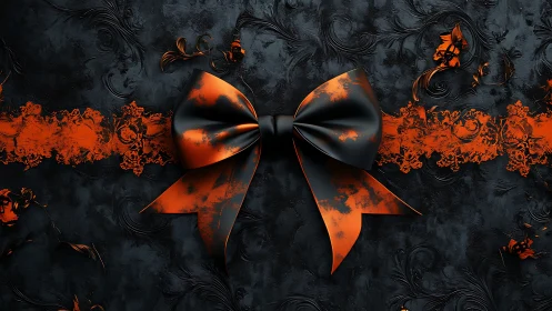 Striking black and orange ribbon bow glows on ornate backdrop