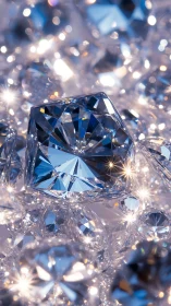 Cut diamonds lie clustered with sharp reflections and flares