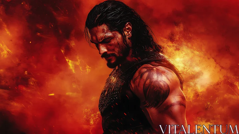 Digital painting of warrior hero against infernal backdrop.