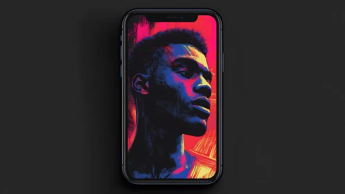 Neon duotone portrait glows on smartphone against dark field