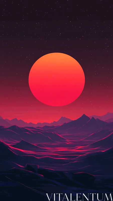 Neon magenta planetary sunset over stylized polygonal ridges.