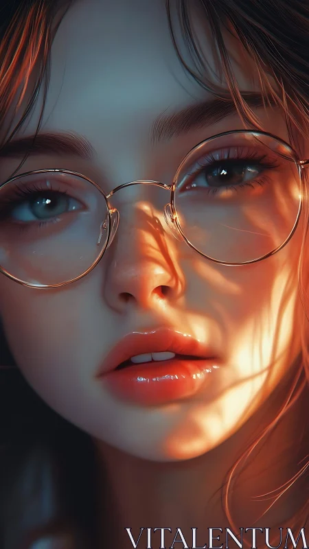 Hyperreal close portrait of girl with glasses in warm rim light