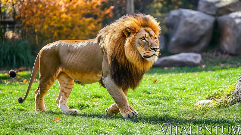 Autumn light crowns the roaming lion with flaming majesty