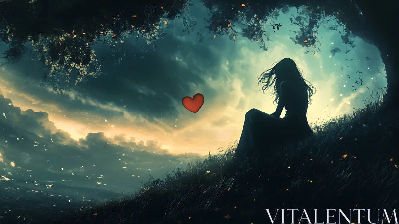 Silhouetted woman on hillside under teal twilight sky, heart