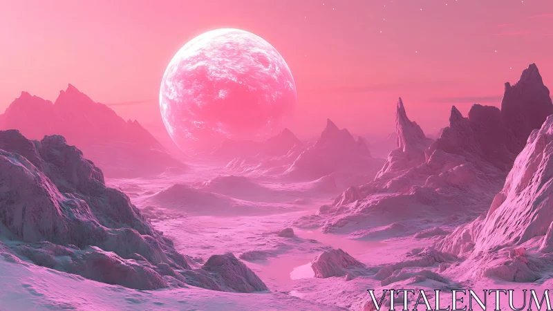 Pink alien landscape shows icy valleys under glowing planet