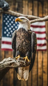 Bald eagle stands alert before blurred American flags