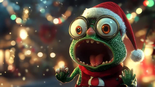 Stylized lizard character in Santa hat against lights background.