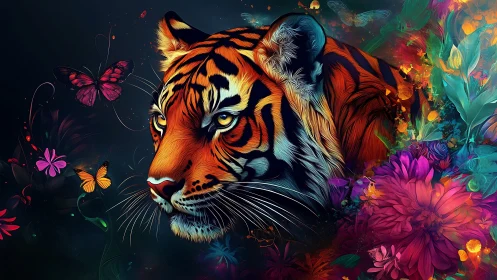 Tiger head rendered with neon flora and butterflies