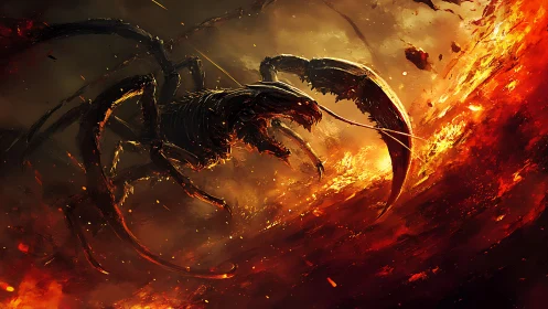 Infernal scorpion behemoth lunging through volcanic firestorm.