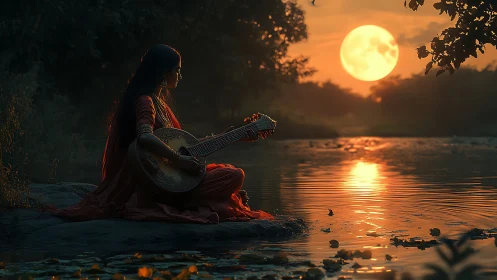 Moonlit sitar river hymn where dusk hums in amber silence.