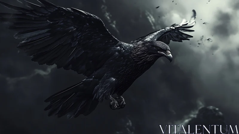 Dark feathered bird in flight against overcast sky backdrop.