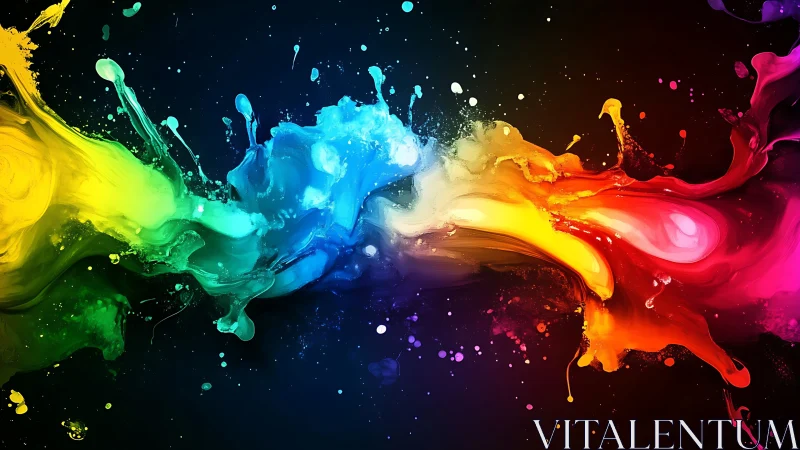 Colorful paint splash dancing across a deep dark canvas.