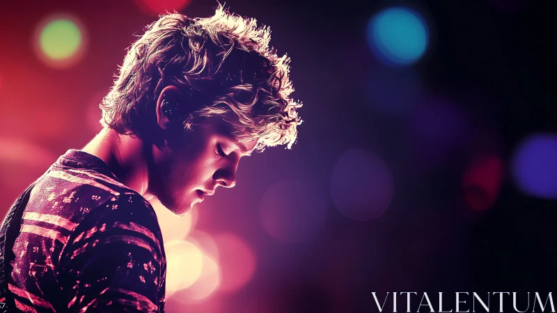 Side-lit young man in neon bokeh portrait with cinematic contrast