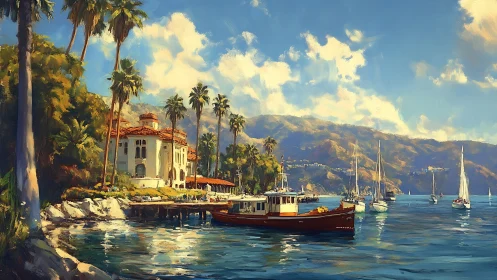 Impressionistic coastal villa and harbor boats under high-key daylight