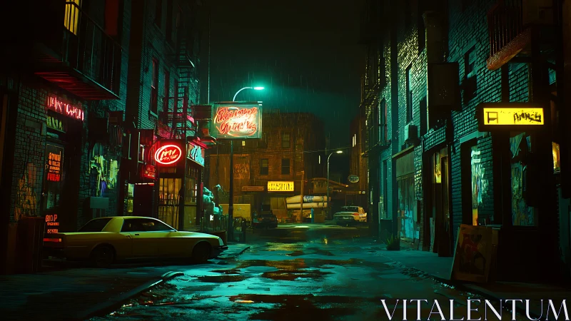 Neon-lit wet alleyway shows parked cars and mixed signage