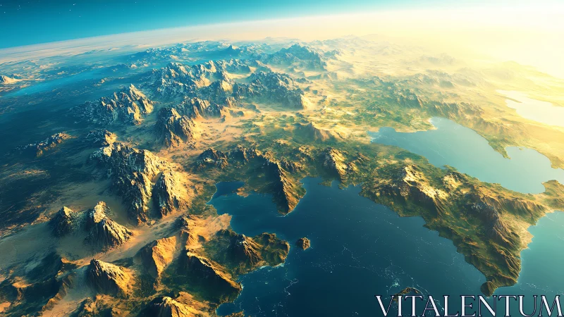 Golden sunrise washes a rugged coastline in gentle light