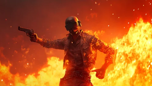 Armed figure in fiery environment with tactical gear.