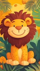 Smiling cartoon lion sitting in warm jungle setting.