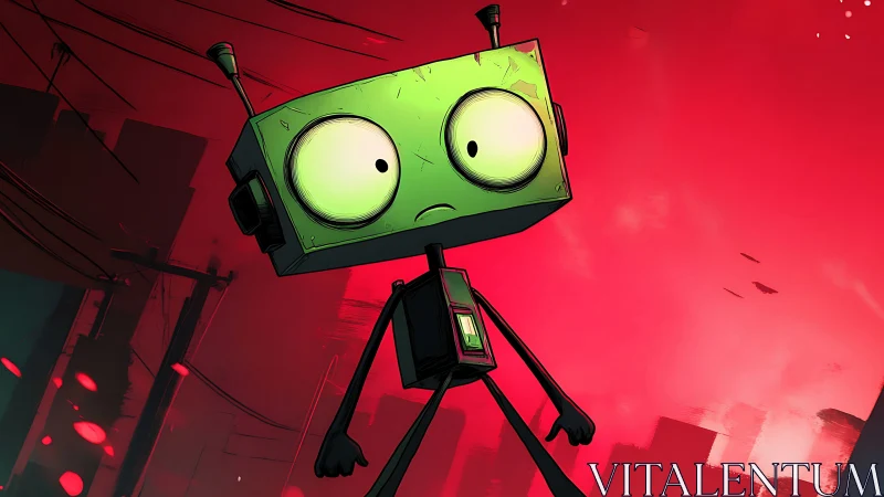 Bewildered green robot wanders through neon red city haze
