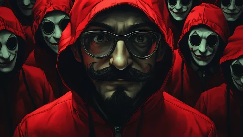 Man in red hooded jacket facing masked figures behind him.