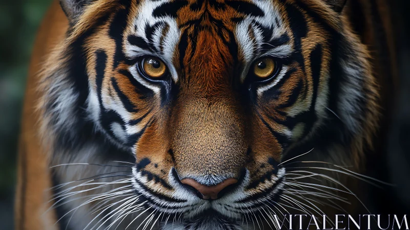 Tiger portrait in extreme close-up with golden focused eyes.