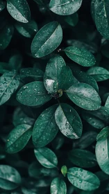 Rain-kissed green leaves in moody close-up composition.