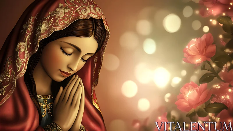 Gentle prayerful portrait glowing beside soft spring blooms.