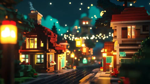 Toy-brick twilight street hums under storybook lantern glow