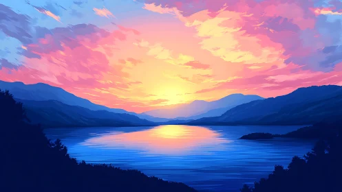 Layered mountain lake at vivid multicolor digital sunset sky